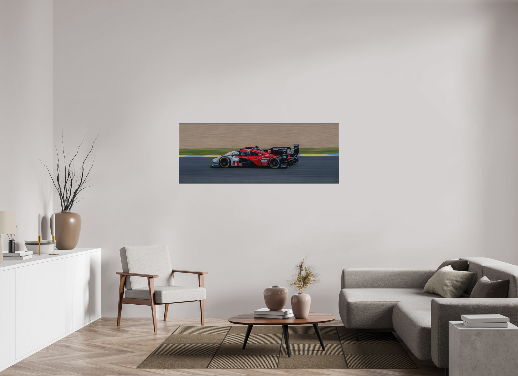 161.8 x 60 cm, Metal Print, Direct Print on Brushed Aluminium, Frame Aluminium ArtBox 10mm Profile, Black Le Mans Penske Porsche