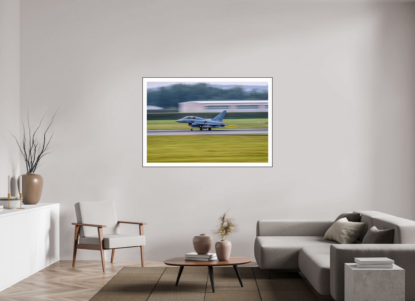 150 x 100 cm, ChromaLuxe HD Metal Print, Aluminium ArtBox, 10 mm Profile Black, Motif border 5cm panning euro fighter