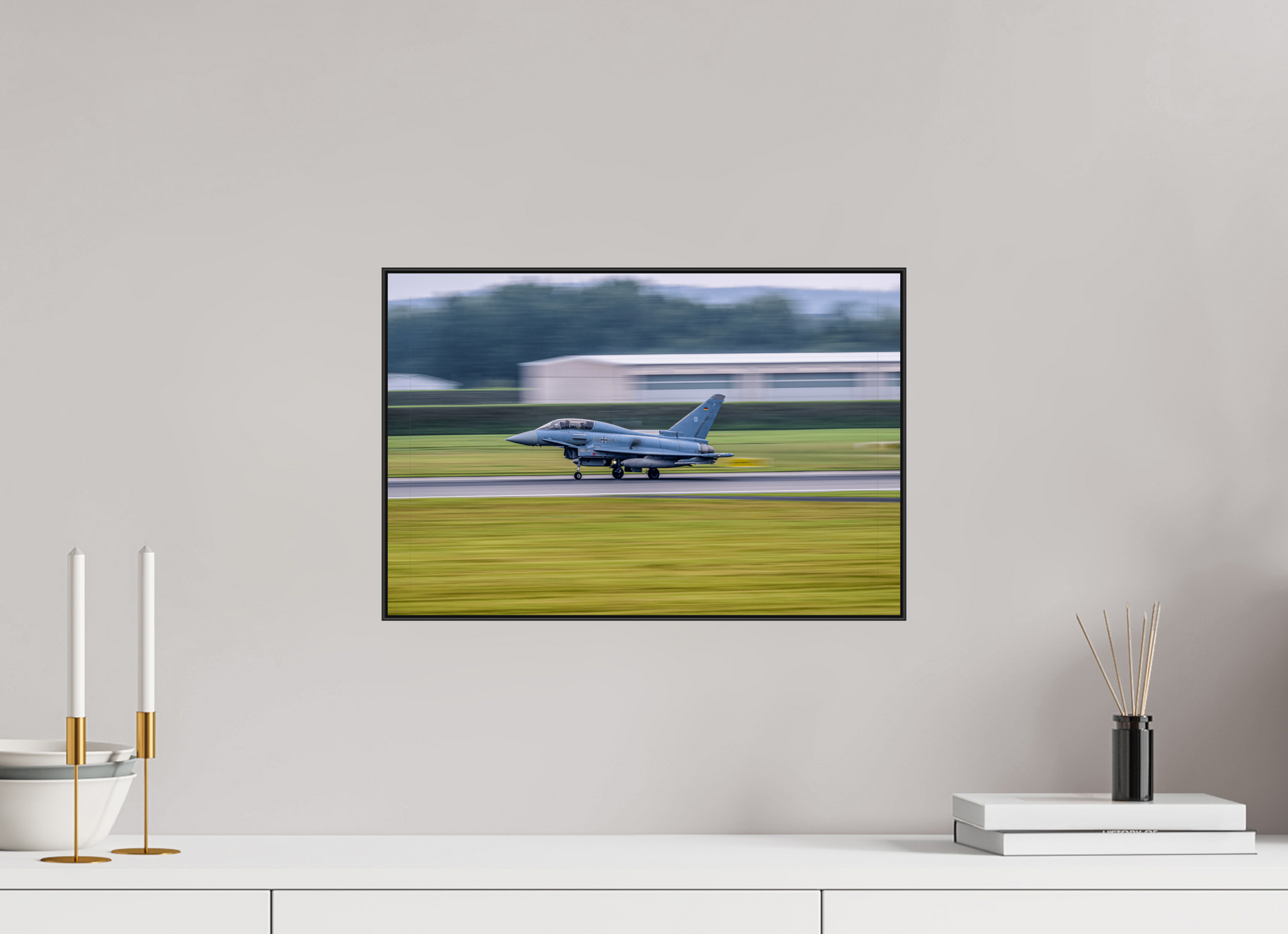 45 x 30 cm, Metal Print, ChromaLuxe HD Metal Print, Frame Aluminium ArtBox 10mm Profile, Black panning euro fighter